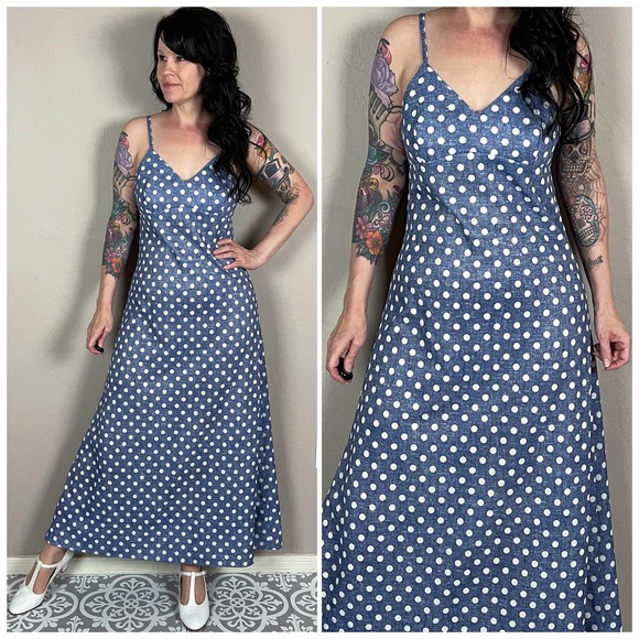 Vintage Dresses & Skirts - Vintage 1970s Blue and White Polka Dot A-Line Maxi Dress